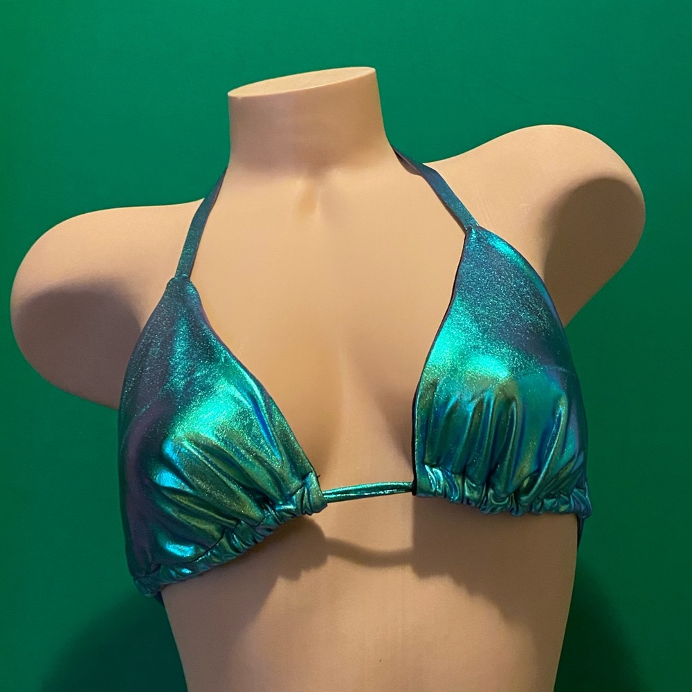 Handmade Metallic Green Bikini Top Woman Size M